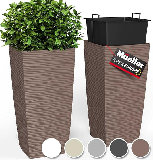 Mueller M-Resin Heavy Duty Tall Planter, Indoor/Outdoor Grande Plant, Tree, Flower Pot, 2-Piece Set, 24”, Modern Design, Built-in Drainage, Mocha