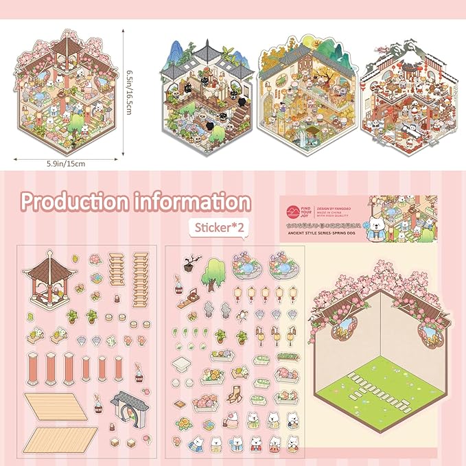 Girls 3D Miniature Scene Stickers, 4 Sets Chinese Courtyard DIY House Stickers for Lunar New Year, Spring, Summer, Auturn, Cute 3D Cartoon Sticker Scenes for Adult Kids Relief Stress Pass The Time