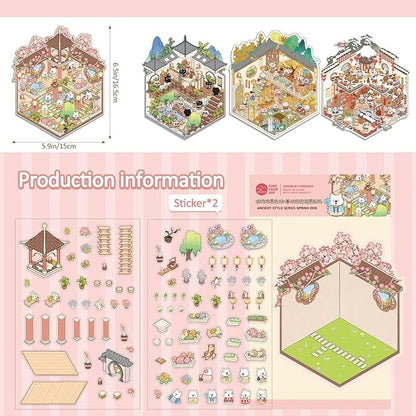 Girls 3D Miniature Scene Stickers, 4 Sets Chinese Courtyard DIY House Stickers for Lunar New Year, Spring, Summer, Auturn, Cute 3D Cartoon Sticker Scenes for Adult Kids Relief Stress Pass The Time