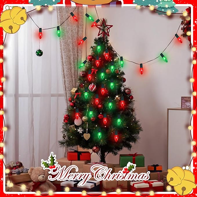 25FT Red and Green Christmas Lights,C9 Incandescent Christmas Lights with 26 Bulbs(1 Spare),Hanging Outdoor Christmas Lights for Home Garden Yard Xmas Tree House Decorations