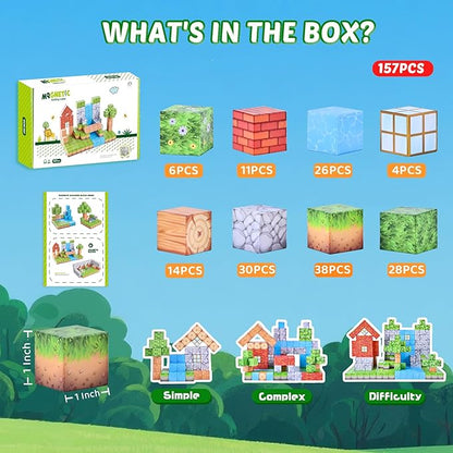 Magnetic Blocks - 157PCS Magnetic Building Blocks Set, 1 Inch Magnet Cubes Build Mine Forest World Stacking Toy for Kids, STEM Sensory Construction Toys, Christmas Birthday Gifts for Boys Girls Age 3+