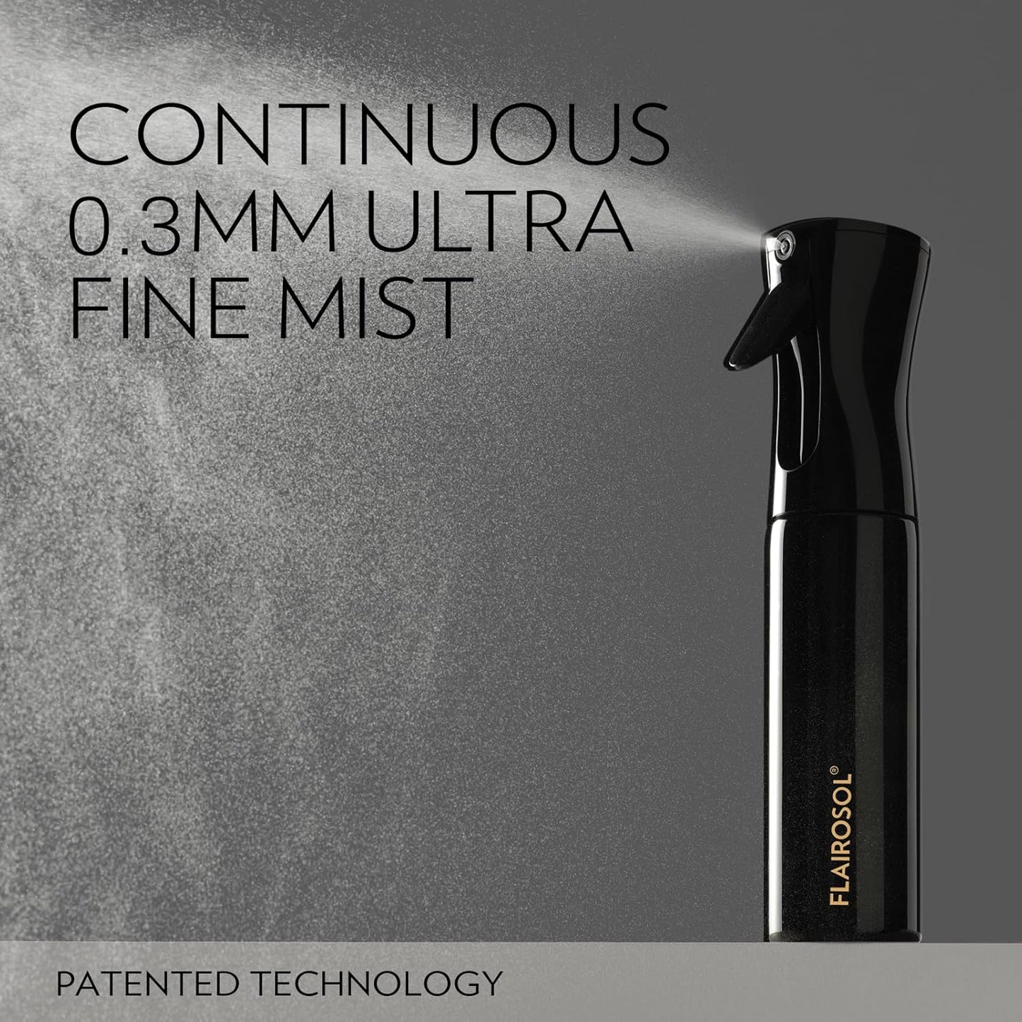 FLAIROSOL Spray Bottle for Hair, Continuous Spray Bottle with 0.3MM Ultra Fine Mist, Water Mister for Hairstyling, Cleaning, Plants, Pets, 10.1oz/300ml, Black Bottle, Gold Print