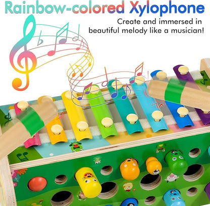 6-IN-1 Wooden Montessori Toys for 1 Year Old, Mole-Tapping Game | Play the Xylophone | Frog Clock | Carrot Harvest Game | Spinning Gear, Toddler Toys Aged 1-4, Baby Toy Gift for Early Learning