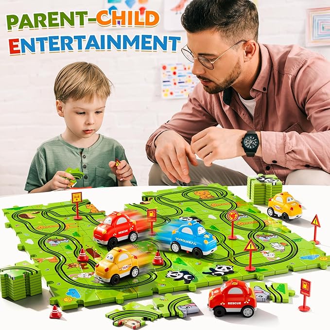 64PCS Puzzle Race Track Car Set for Kids Boys, Floor Puzzle Tracks Car Toys for Boys Girls Ages 3-5 4-6, Toddler Toys Gifts for 3 4 5 Year Old, Ideal 3 4 5 6 Year Old Birthday Gifts