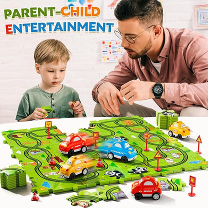 64PCS Puzzle Race Track Car Set for Kids Boys, Floor Puzzle Tracks Car Toys for Boys Girls Ages 3-5 4-6, Toddler Toys Gifts for 3 4 5 Year Old, Ideal 3 4 5 6 Year Old Birthday Gifts