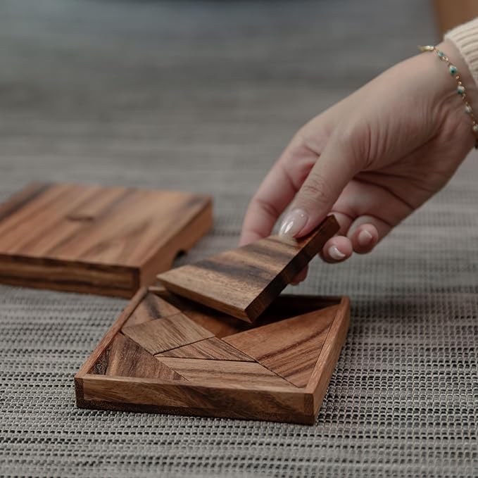 Premium Wooden Tangram - Luxury Wooden Brain Teaser Block for Kids & Adult - Wood Block Puzzle - Logic Puzzle - STEM Montessori Educational Sensory Toys for All Ages