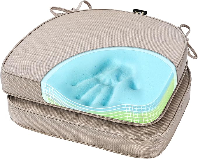 SUNROX Gel Memory Foam Chair Cushions, FadeShield Water-, Stain-Resistant Durable Reversible Seat Cushion Pads with Ties for Indoor/Outdoor Kitchen Dining Office, 19"x19", Set of 2, Husk Birch