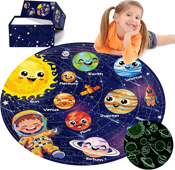 Floor Puzzles for Kids Ages 4-6 70 Piece Glow in The Dark Solar System Puzzles 3-5 Space Planets Toys Large Jigsaw Puzzle Learning Educational Toy Birthday Gift for Boys Girls Ages 6-8