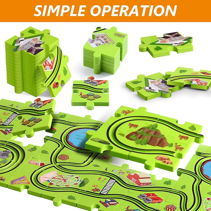 64 PCS Puzzle Race Track Car Set: Toddlers Kids Boys Girls Toys & Gifts for 3 4 5 6 Year Old | Puzzle Tracks Car Toys | with 3 Small Cars Toy and Roadblocks | Play & Learn Toy | Kid for Ages 3-5 4-6