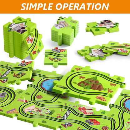 64 PCS Puzzle Race Track Car Set: Toddlers Kids Boys Girls Toys & Gifts for 3 4 5 6 Year Old | Puzzle Tracks Car Toys | with 3 Small Cars Toy and Roadblocks | Play & Learn Toy | Kid for Ages 3-5 4-6