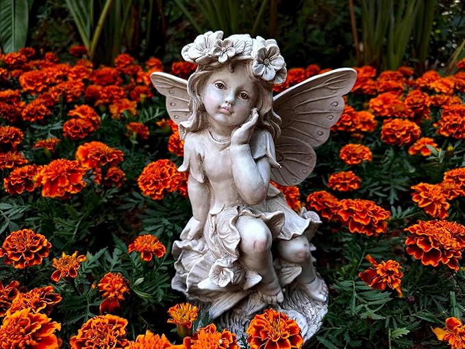 MeritMode 12.8" Fairy Garden Outdoor Guardian Angel Statue - Waterproof Resin with Flower Base, Unique for Patio, Balcony & Yard Decor