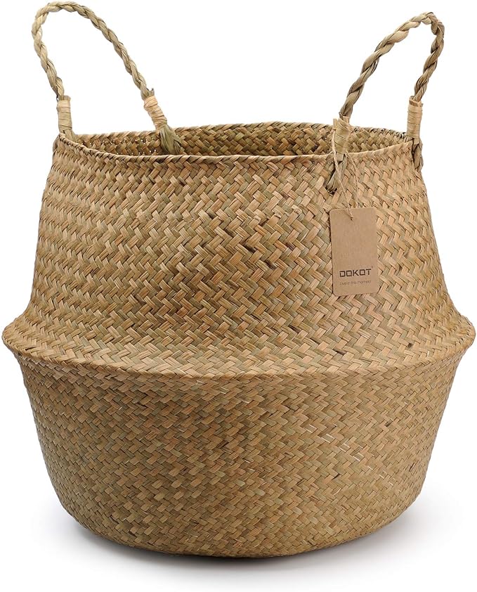 Large Seagrass Plant Basket with Handles, Wicker Woven Storage Basket (14.1“ Diameter x 13.8" Height), Natural)