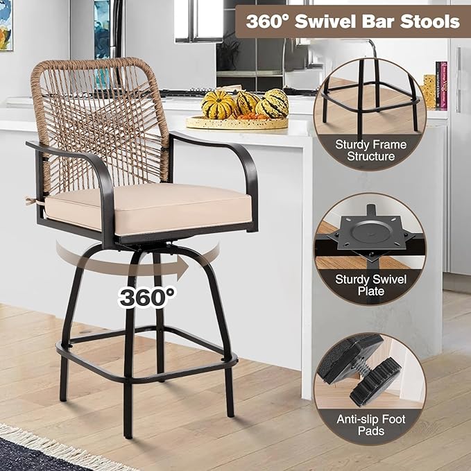 Outdoor Bar Stools Set of 6, Patio Swivel Counter Height Rattan Bar Stools, Patio Wicker Bar Swivel Chairs with Cushion, Outdoor Pool Bar Chairs for Backyard Garden Balcony w /360 Rotation