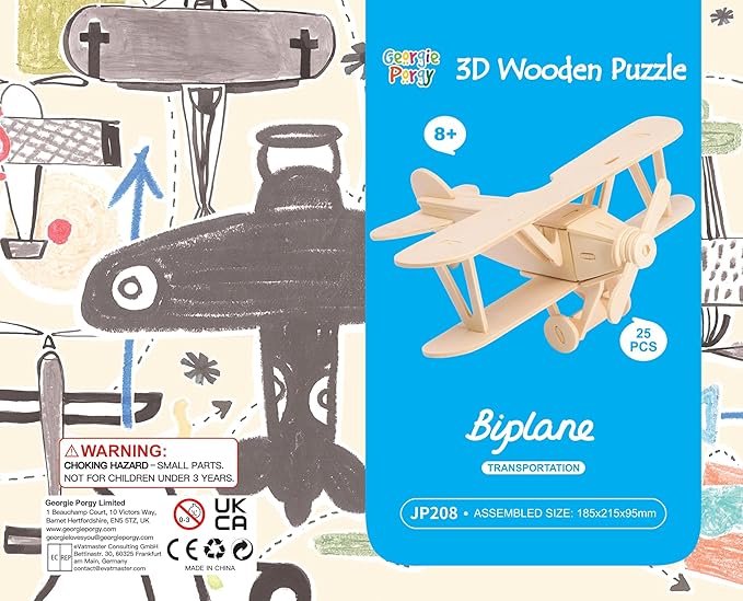 Georgie Porgy 3D Wooden Puzzles for Kids Toys Construction Woodcraft Kits DIY Model Puzzle Kits Birthday Gifts Pack of 3 (Biplane Off-Road Vehicle Yacht)