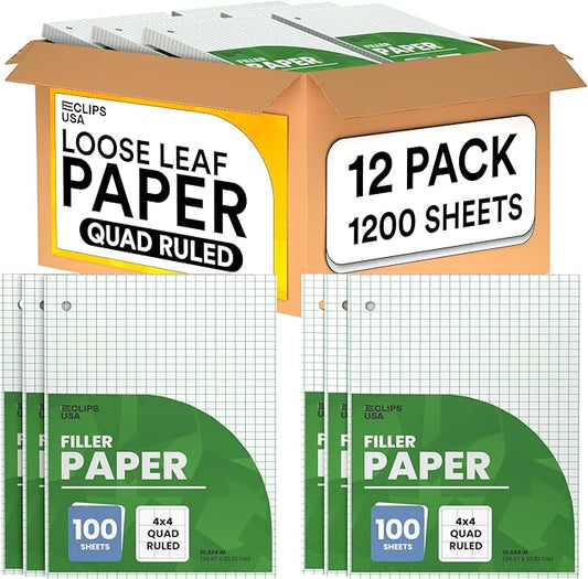 Loose Leaf Graph Paper (12 Pack), 4 x 4 An Inch Quad Ruled Graph Paper, 10.5” x 8” Graphing Paper, 100 Per Sheets Per Pack, 60 gsm (12 Pack)