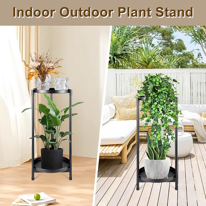 Metal Plant Stand Indoor Outdoor,2 Tier Black Tall Corner Flower Pot Holder Stands,Multiple Tiered Wrought Iron Planter Shelves for Patio Living Room Balcony Office (2 tierd)