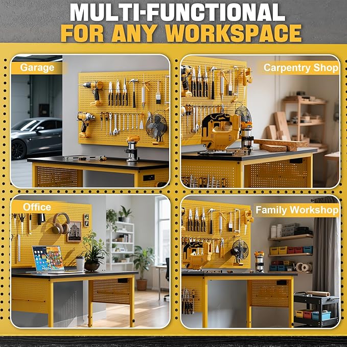 47" Heavy Duty Adjustable Workbench with Power Outlets, Pegboard & Locking Wheels - 2100LB Capacity Garage Work Table, Compatible with DeWalt Battery, Reinforced Steel Frame for Workshop & Home Use