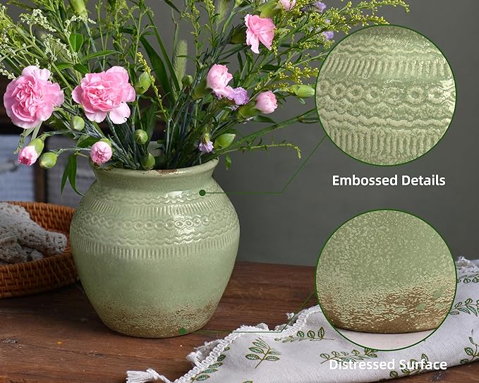 Quoowiit Ceramic Rustic Farmhouse Vase, Green Distressed Flower Vase for Home Decor, Boho Decorative Vases for Centerpiece Table Decorations, Vases for Living Room Kitchen Entryway Mantle Shelf Decor