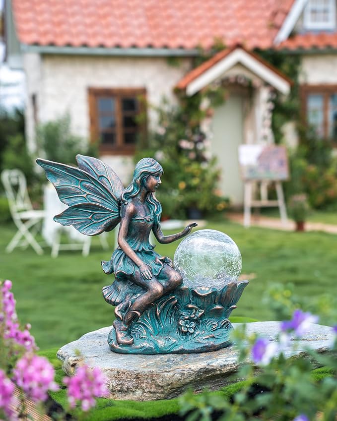 TERESA'S COLLECTIONS Fairy Garden Statues with Solar Outdoor Light for Outdoor Decor, Fairy Valentines Decorations Garden Decor Resin Sculptures with Crackle Glass Globe,Gifts for Mom Yard Decor,11.8"