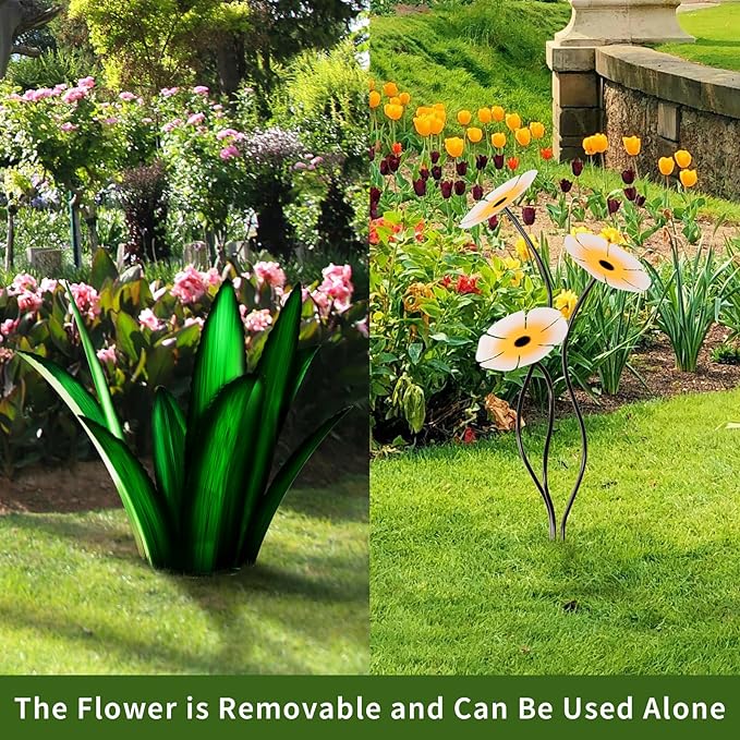 Upgraded Large Metal Yard Art, Agave Plant Yard Decorations Outdoor Sculpture, Flowers for Outside, Waterproof Outdoor Garden Decor (Blue + White Flower)