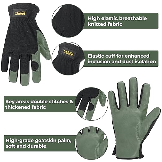 HLDD HANDLANDY Garden Gloves Men, Leather Utility Work Gloves for Gardening, Yardwork, Construction, Mechanics with Reinforced Palm, Green L