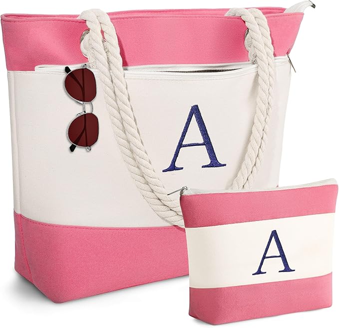 YOOLIFE Beach Bags for Women - Initial Tote Waterproof Bag with Makeup Bag, Mothers Day Gifts for Women Mom Friend Birthday