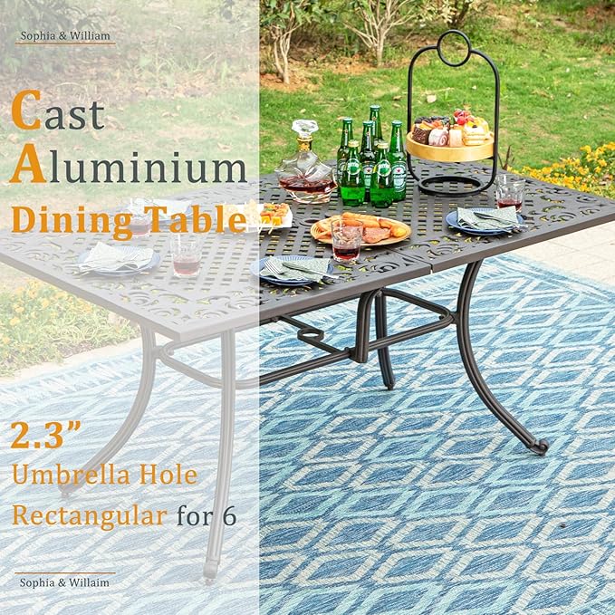 Sophia & William 7 Pieces Cast Aluminium Patio Dining Set for 6, Outdoor Swivel Rocking Chairs and Rectangular Table with 2.3" Umbrella Hole for Porch Backyard Deck, Bronze