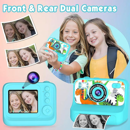 Kids Camera, Upgrade Kids Camera Instant Print, Front Rear Dual Selfie Digital CAM with 1080P Videos, Portable Travel Toy with Games and Music, Christmas Birthday Gift for Boys, Girls and Teens