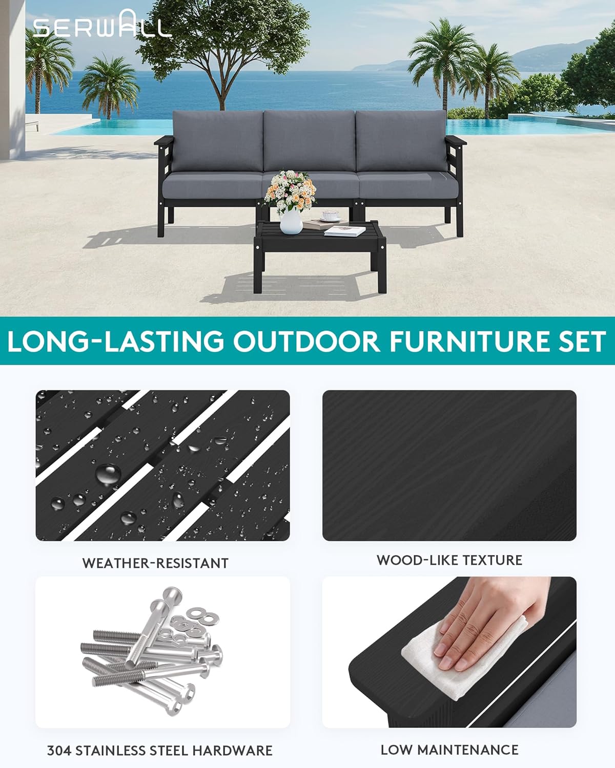 SERWALL HDPE Patio Furniture Set 4 Pieces, All-Weather Wood-Like Outdoor Sofa Couch with Coffee Table for Deck, Lawn, Black Frame with Grey Cushion