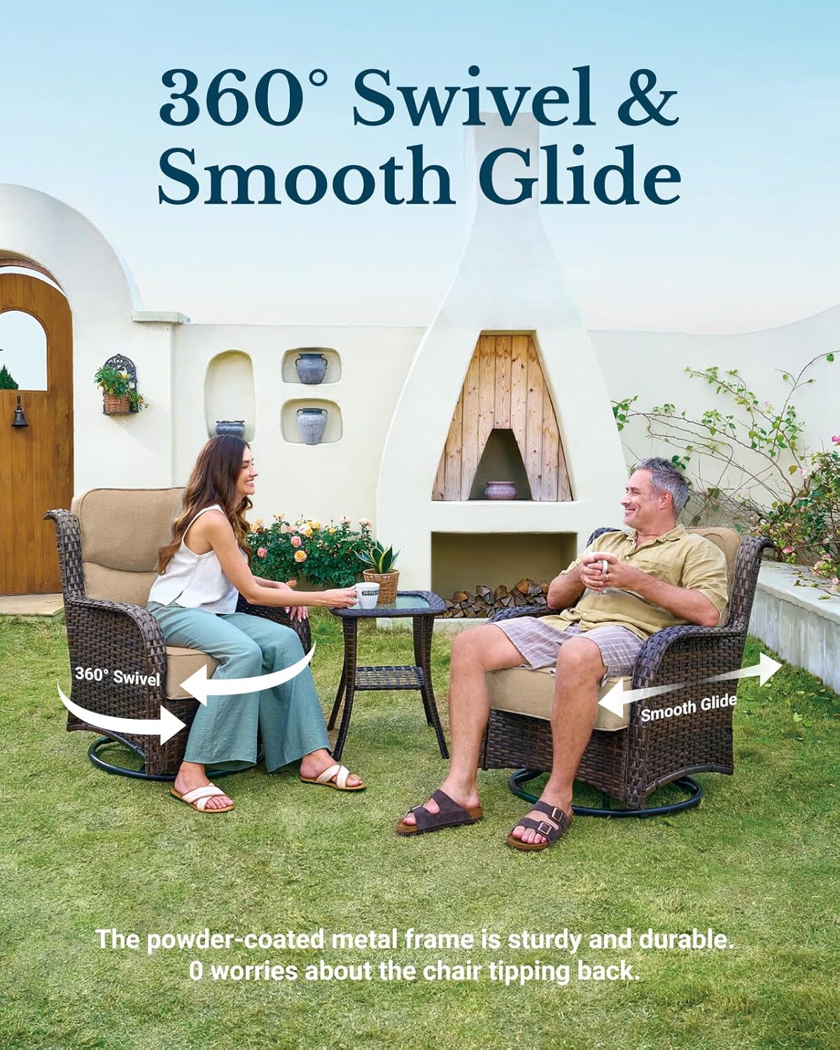 HILLGA Luxury Patio Furniture Set with 6-inch Thick Cushion, Outdoor High Back Swivel Rocker Patio Chairs, 2PCS Wicker Conversation Set for Deck Yard and Poolside, Beige (V2)