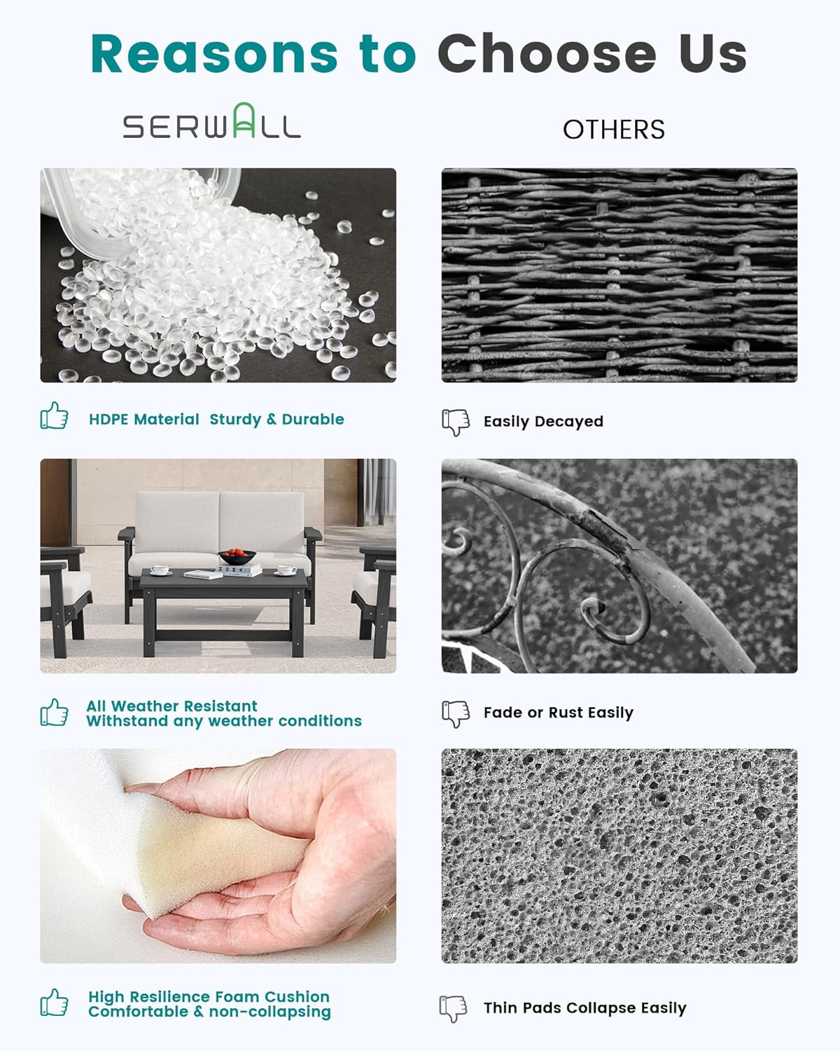 SERWALL HDPE Outdoor Furniture Set, 7 Piece All Weather Wood-Like Outdoor Sofa Sectional Couch, Grey Patio Furniture Set with Khaki Cushions