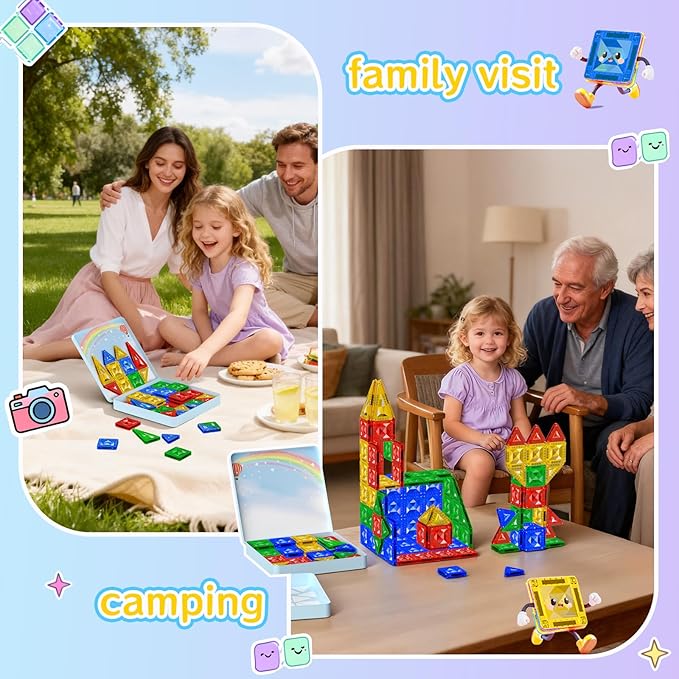 60pcs Mini Magnetic Tiles for Kids Ages 3-8,Travel Magnetic Building Blocks with Metal Storage Box, STEM Educational Toys, Montessori Sensory Learning Toys for Toddlers, Boys & Girls Gift