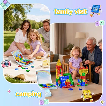 60pcs Mini Magnetic Tiles for Kids Ages 3-8,Travel Magnetic Building Blocks with Metal Storage Box, STEM Educational Toys, Montessori Sensory Learning Toys for Toddlers, Boys & Girls Gift