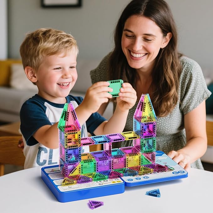 60-Piece Mini Magnetic Tiles Set with Iron Box - Ideal Travel Puzzle Toys for Toddlers Aged 3-5, Montessori STEM Building Blocks, Educational Birthday Gift