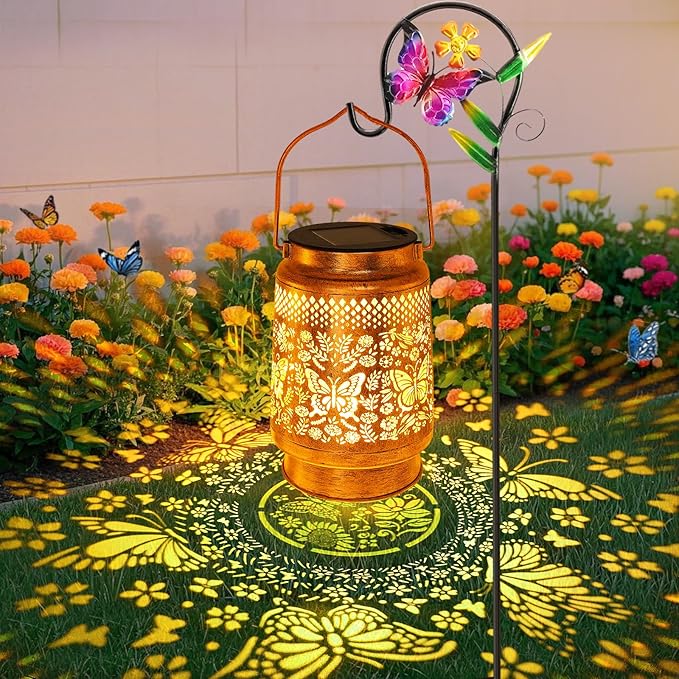 Solar Lanterns Outdoor Garden Decor Butterfly Hanging Lantern Lights, Birthday Gifts for Women Mom Grandma Waterproof Metal Solar Lights LED Decoration with Shepherd Hook for Garden Yard Patio Porch