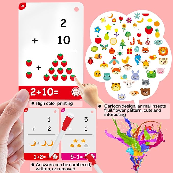 60Cards, 120 Pictures Math Flash Cards for Kindergarten,1ST, 2ND, 3RD Grade, Addition Subtraction Flash Cards for Kids Ages 6,7,8,9,10 Years