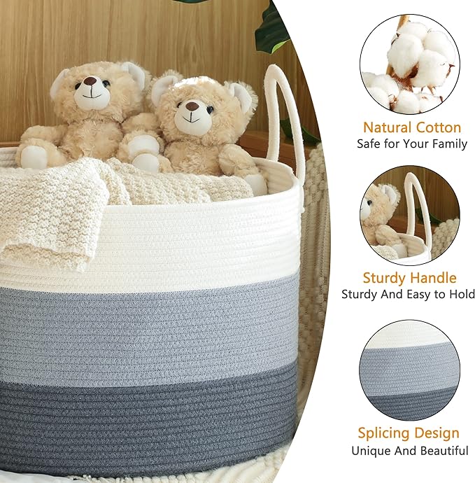 KAKAMAY Large Blanket Basket (20"x13"),Woven Baskets for storage Baby Laundry Hamper,Cotton Rope Blanket Basket for Living Room, Laundry, Nursery, Pillows, Baby Toy chest with Handles (White/Grey)