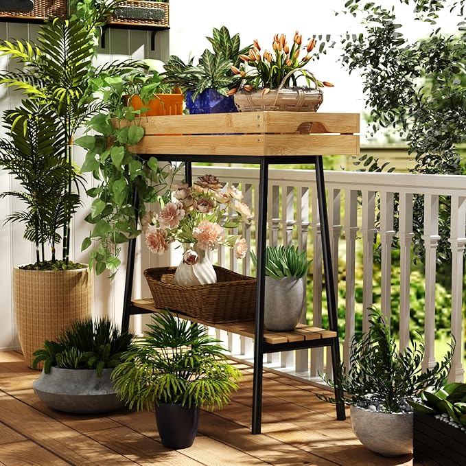 BAMBANG Bamboo Plant Stand Indoor, 2 Tier Wood Small Plant Table, Tall Plant Stand for Indoor Plants, Window Sill Plant Shelf, Flower Pot Holder Plant Bench Plant Rack for Living Room Balcony Outdoor