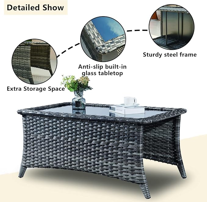 Patio Tables Wicker Coffee Table - Outdoor Rattan Coffee Tables with Glass Top for Patio Proch Deck Balcony Rectangle Mixed Grey