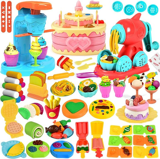 61 PCS 3 in 1 Dough Sets for Kids Ages 3-4-8, Art Crafts Dough Tools Kit, Ice Cream Playset Noodle Cake Maker Machine, Kitchen Creations Food Play Toys Toddlers Boys Girls