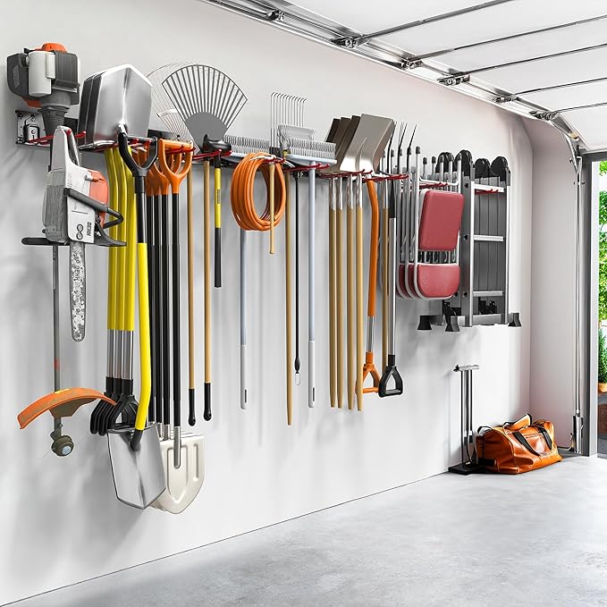 TORACK Garden Tool Organizer Wall Mount, Garage Folding Chair Storage Rack, Tools Rack for Shovels, Rakes, Broom, Ladders, Hooks for Keyhole Style Shelving Unit