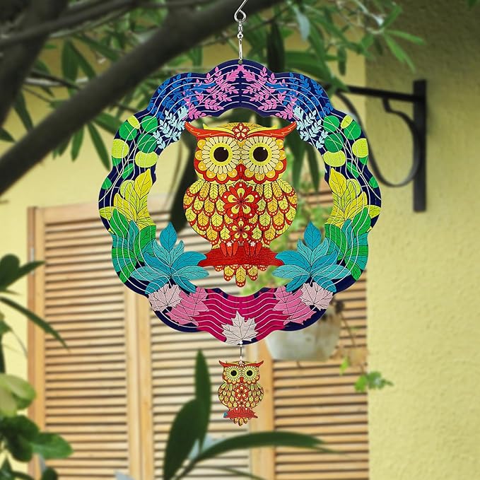 TUOKING Owl Wind Spinners Outdoor Metal 3D Hanging Art Wind Spinner 12 Inch Stainless Steel for Yard and Garden Decoration Worth Gift for Women
