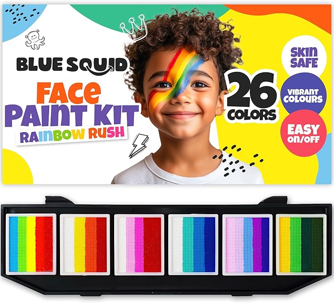 Blue Squid Face Painting Kit for Kids – Split Cake Face Paint Palette, 6 x 10g One Stroke Rainbow Colors, with Brushes & Stencils - Non-Toxic, Water Activated - Kids Party & Halloween Makeup Kit