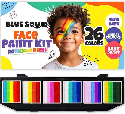 Blue Squid Face Painting Kit for Kids – Split Cake Face Paint Palette, 6 x 10g One Stroke Rainbow Colors, with Brushes & Stencils - Non-Toxic, Water Activated - Kids Party & Halloween Makeup Kit