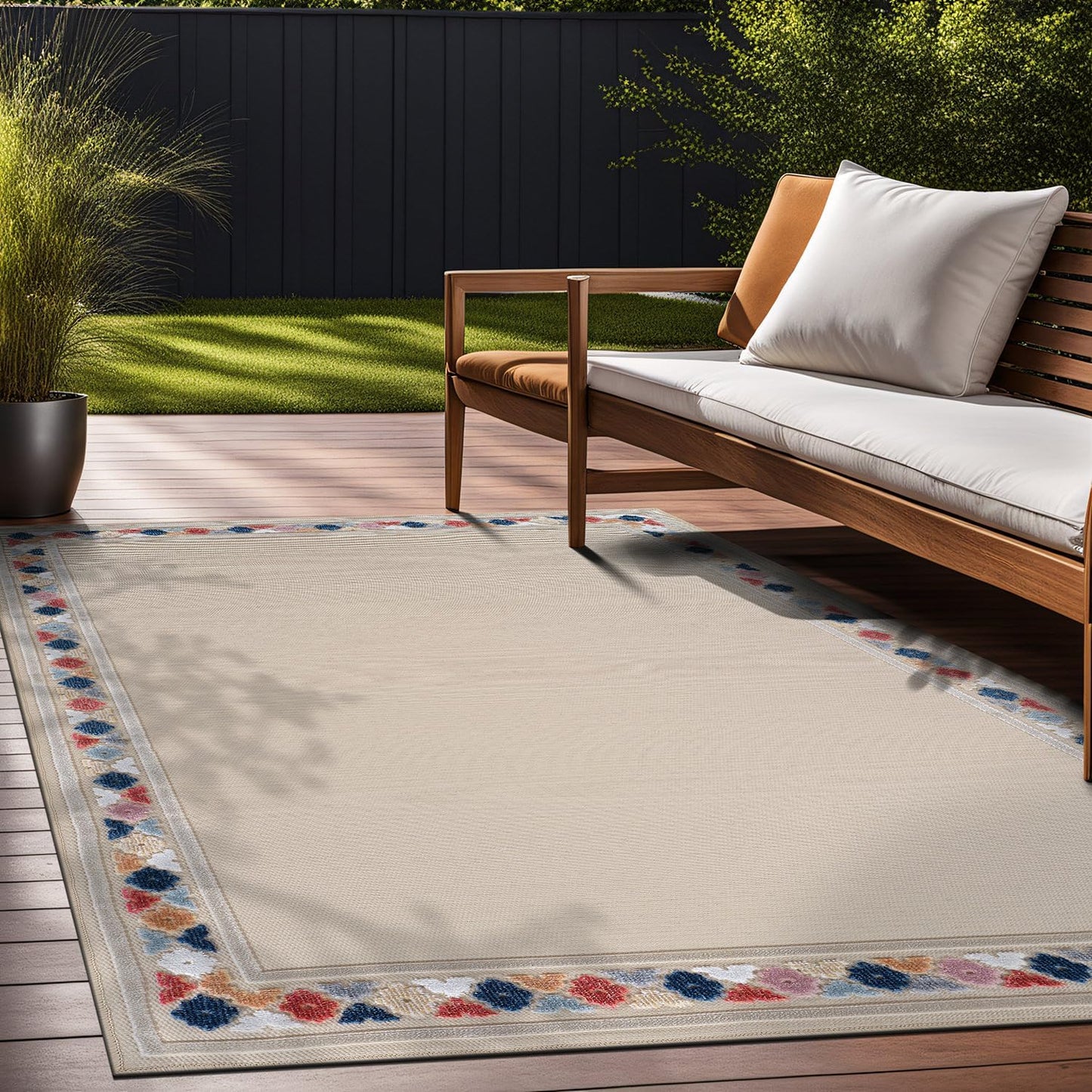 Beverly Rug Outdoor Rug 8x10 Modern Bordered Area Rugs for Indoor and Outdoor Patio Easy to Clean Non Shedding Living Room Porch Garden Washable Outside Carpet (8 x 10 Beige)