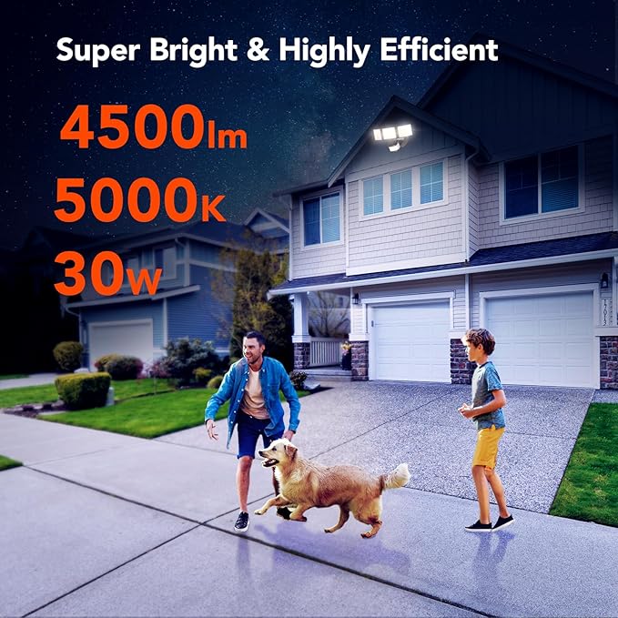 OREiN 4500LM/30W Flood Lights Outdoor, 180°/50FT Motion Sensor Outdoor Lights 3 Modes Dusk to Dawn IP65 Waterproof LED Security Light for 4500SQ.FT Area for Yard Garden, Black (Hardwired)