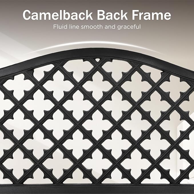 PHI VILLA 50" Outdoor Garden Patio Metal Bench for Outdoors with Plastic Backrest Armrests Sturdy Steel Frame, Black