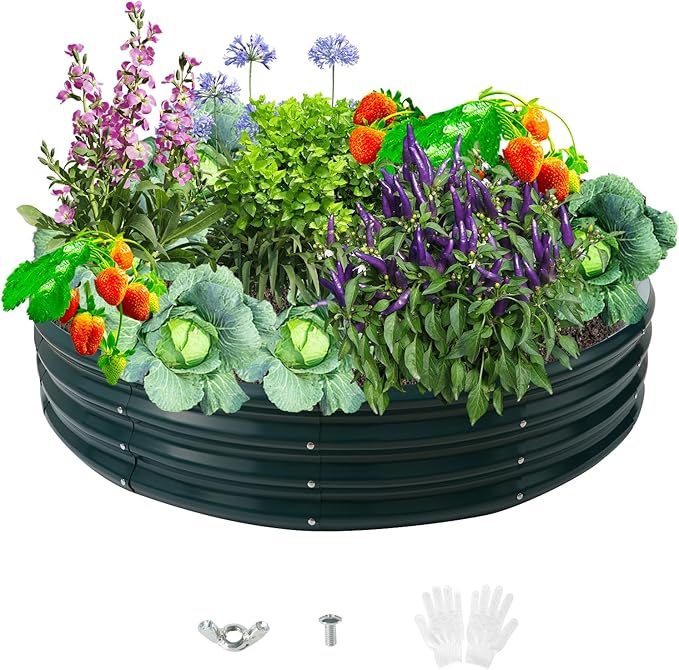 Durable Round Steel Raised Garden Bed Painted for Planting Vegetable/Herbs/Flowers/Trees at Backyard/Garden,or Baby Chicken,Christmas Tree Fence (Dark Green, 47 in Diameter x 12 in high)