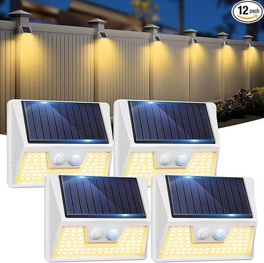 4 Pack Solar Fence Lights Waterproof, Motion Sensor Deck, Warm White LED Outside Wireless for Wall, Yard, Garden - White