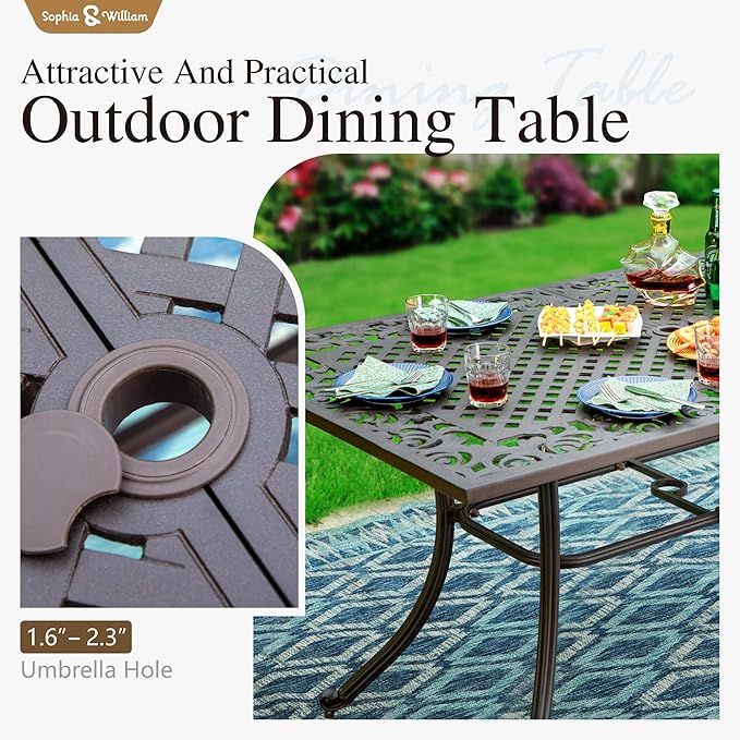 Sophia & William 7 Pieces Cast Aluminium Patio Dining Set for 6, Outdoor Swivel Rocking Chairs and Rectangular Table with 2.3" Umbrella Hole for Porch Backyard Deck, Bronze